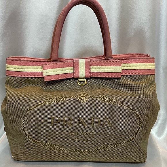 Prada, beige canvas Monogram tote with pink leather bow and trim.  173-H4g - Picture 1 of 11